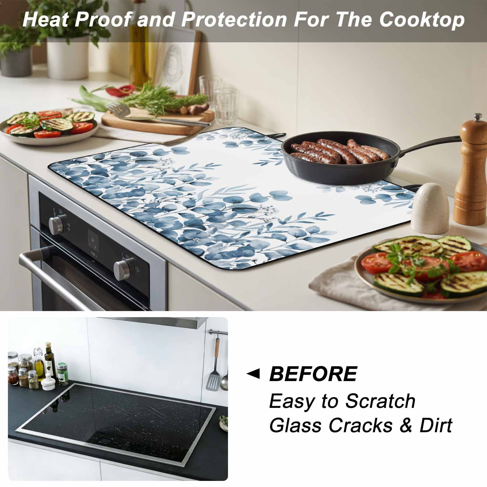 Blue Eucalyptus Leaves Stove Top Cover for Electric Stove, Heat-proof & Non Slip Glass Top Stove Cover Protector, Watercolor Spring Summer Botanical Kitchen Flat Cooktop Rubber Mat 24x21 Inches