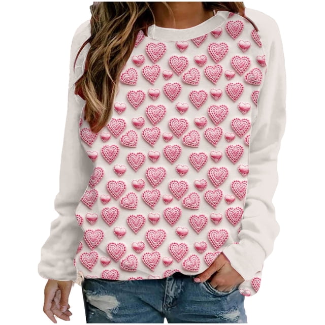 VALMASS Chandails en Molleton Col Rond pour Femmes Saint-Valentin Imprimé Floral Manches Longues Mode Décontractée Blouses Sans Capuche (m, Rose-H)