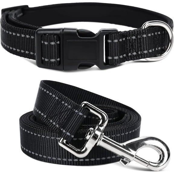 Soft Neoprene Padded Dog Collar and Leash Set for Small Medium Large Dogs, Reflective Durable Nylon Dog Collar with 5ft Leash Easy for Walking, Black,Neck fit 10.5-15.5‘‘