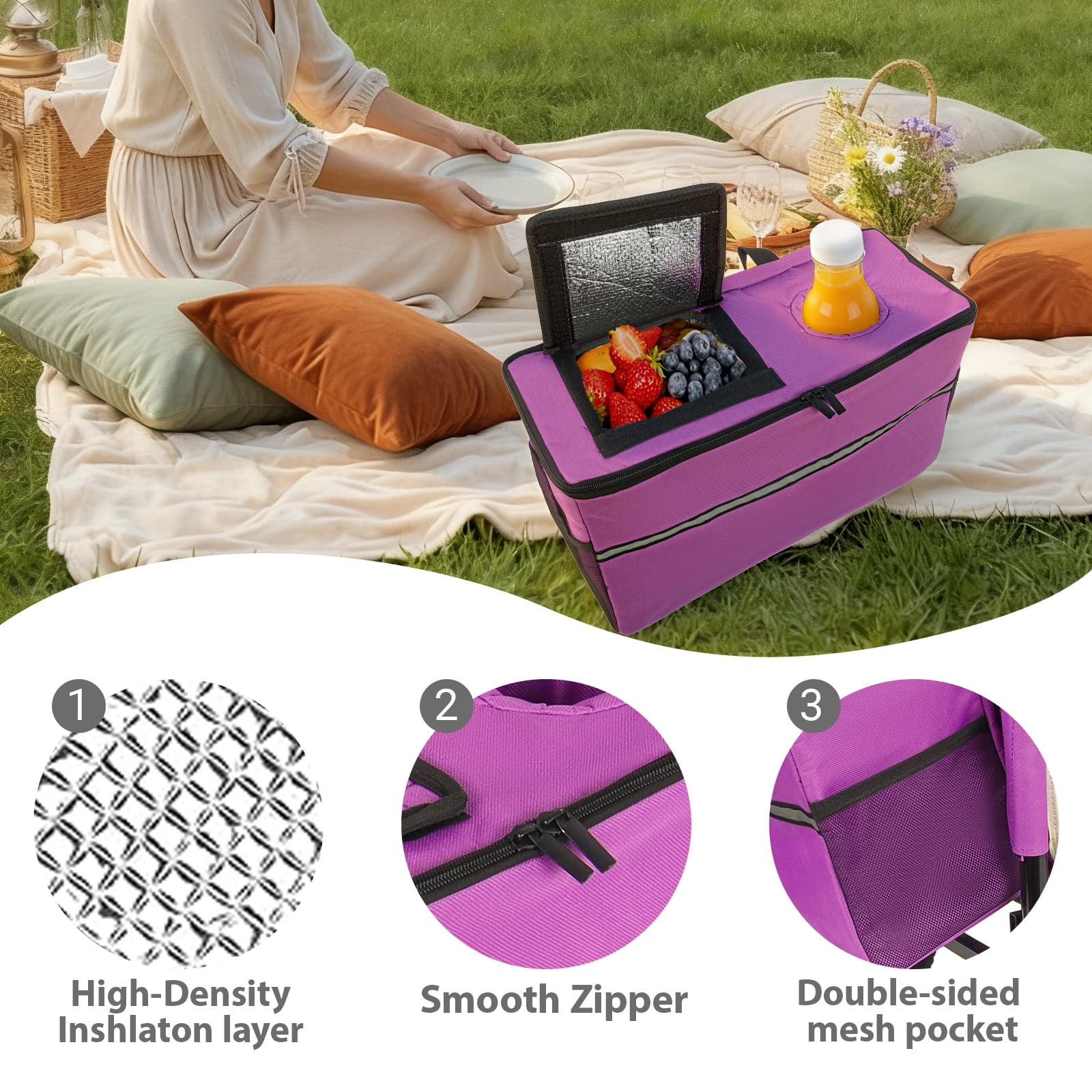 Patented 3‑in‑1 Heavy‑Duty Folding Wagon Cart with Bench Seat & Storage, 500lbs 180L All‑Terrain Utility Wagon with 1 Ice Pack, for Camping Beach Sports Garden Fishing, Purple