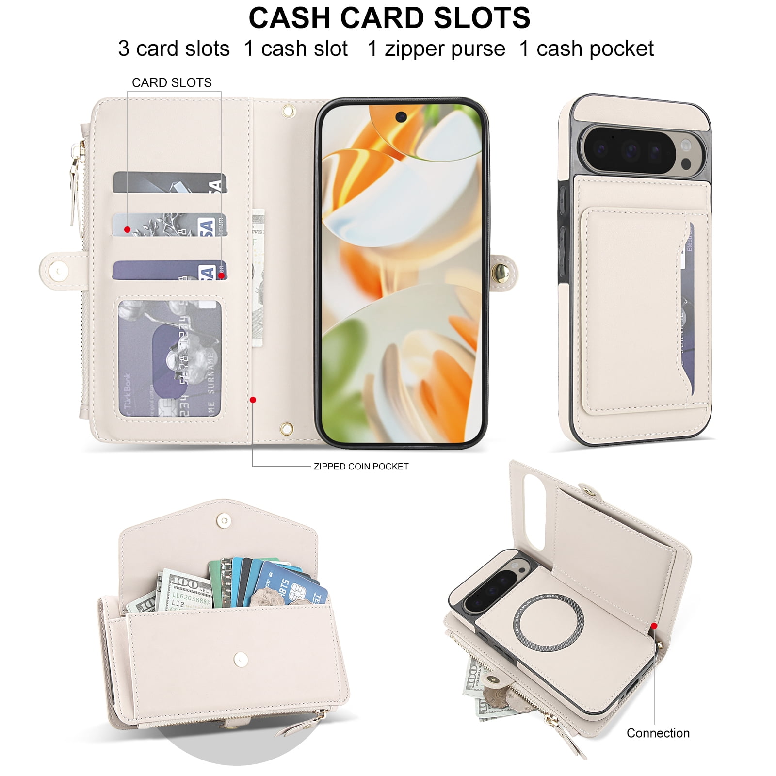 Designed for Google Pixel 9A Multi-Function Wallet Phone Case,With Shoulder Strap&Wrist Strap,Cash Pocket&Card Slots,Zipper Purse,Magnetic Detachable PU Leather Flip Phone Case,White