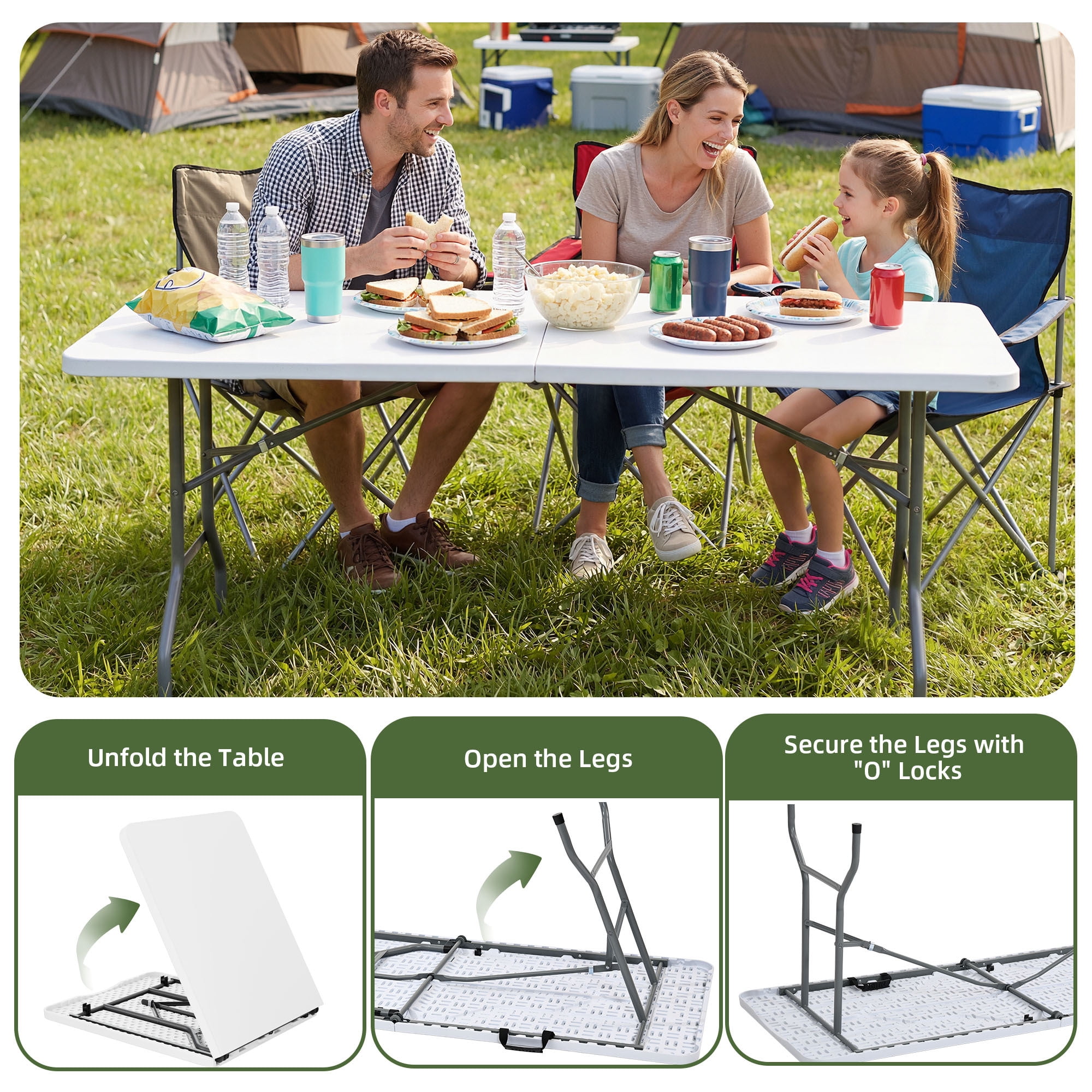 Uforic 6 ft Folding Table, Heavy Duty 1.38" Thick Tabletop, Portable Foldable Table with Built-in Carry Handle, Ideal for Indoor Events, Camping, Picnic, Party, Patio and Outdoor Gatherings, White