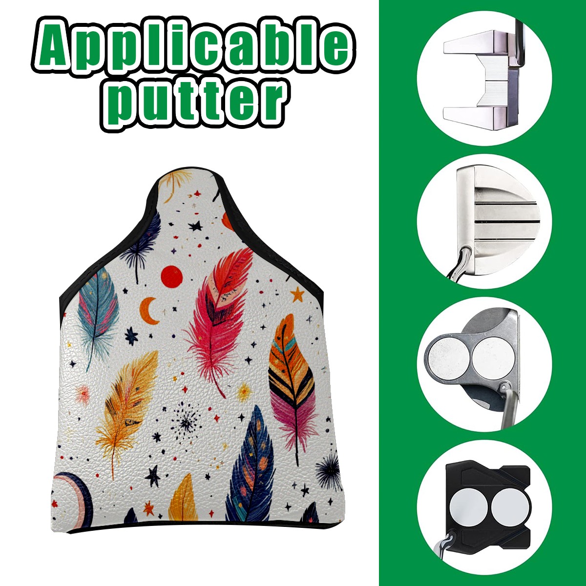 Golf Mallet Putter Cover Premium Leather Waterproof Golf Putter Head Cover with Magnetic Closure Colorful Feathers