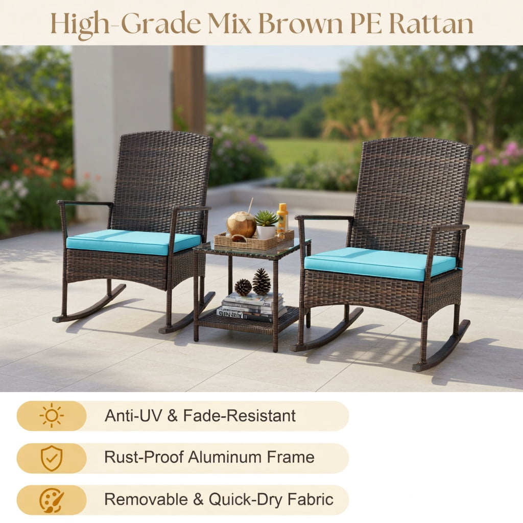 Hommoo 3-Piece Outdoor Patio Rocking Set, Wicker Rocking Chairs with 2-Tier Tempered Glass Coffee Table, Heavy-Duty Metal Frame, All-Weather PE Rattan, Turquoise