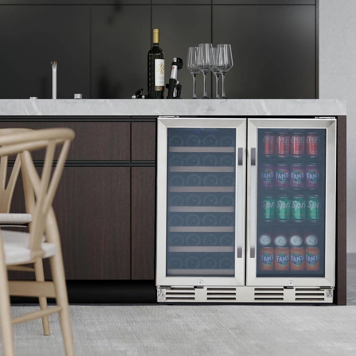 Towallmark Wine and Beverage Refrigerator, 30 inch Wine Fridge Dual Zone Hold 33 Bottles and 96 Cans, Digital Touch Control, Built-In or Freestanding