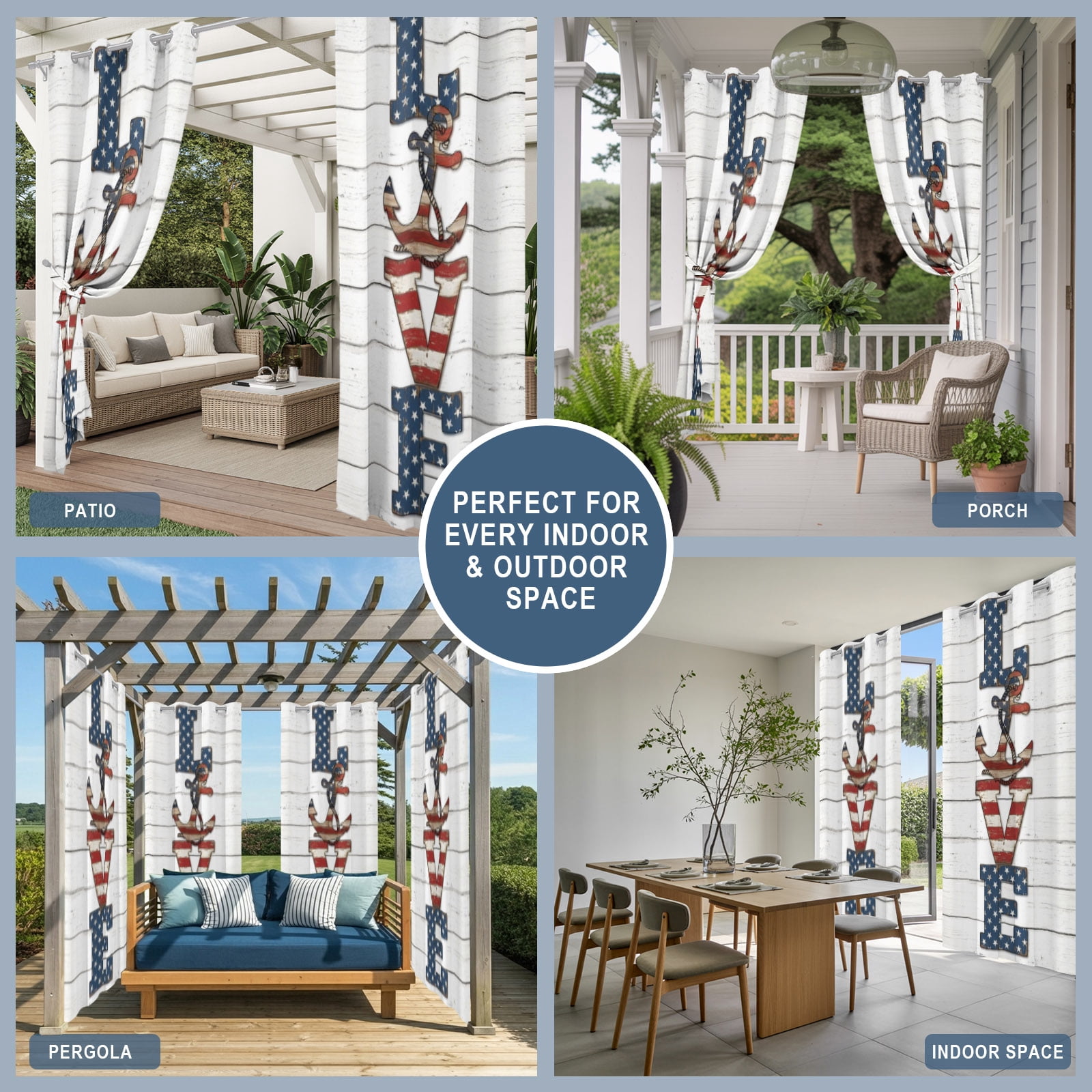 Rustic Love Outdoor Curtains for Patio, Windmill Stars Stripes Wood Grain USA Flag Sunshade Privacy Drapes Grommet Waterproof Outside Curtains for Porch/Cabana/Balcony 54"x 108", 1 Panel