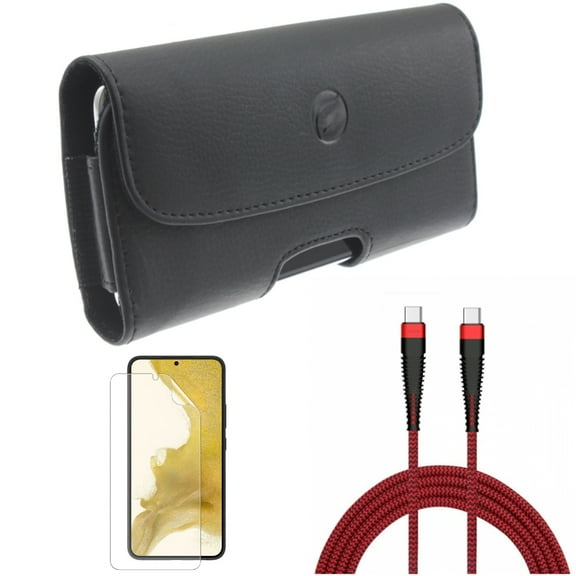 Matte Screen Protector & 10ft PD Cable & Case Belt Clip for Samsung Galaxy S22 (6.1") - TPU Film Anti-Glare & Type-C to USB-C Charger Cord & Leather Holster Accessory Bundle
