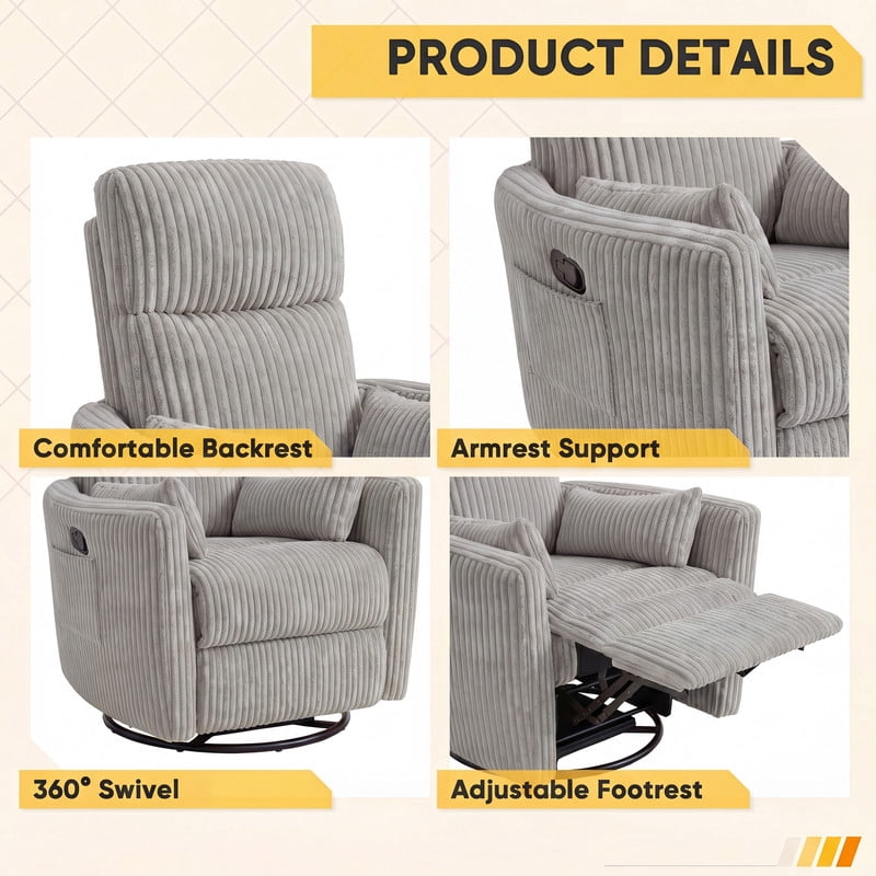 Furmax 360° Swivel Recliner Power Massage Rocker Chair Adult Glider Rocker with 2 Comfy Pillows for Nursery,Corduroy Gray