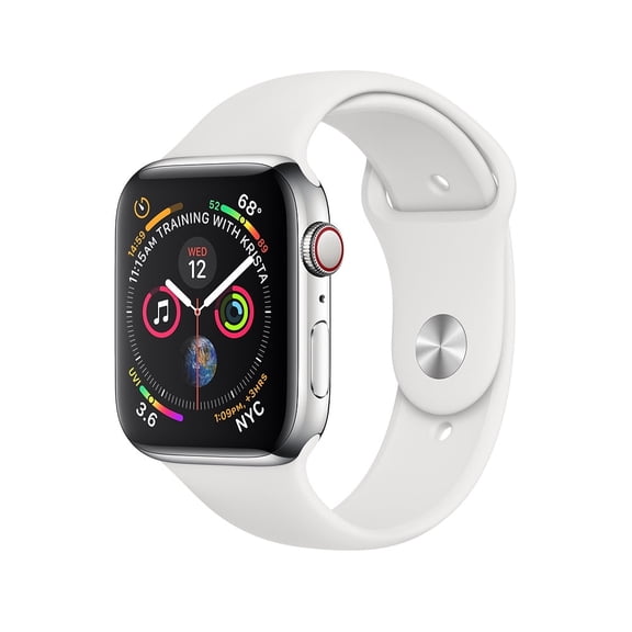 Restored Apple Watch Series 4 GPS   Cellular - 44mm - Stainless Steel Case - White Sport Band (Refurbished)