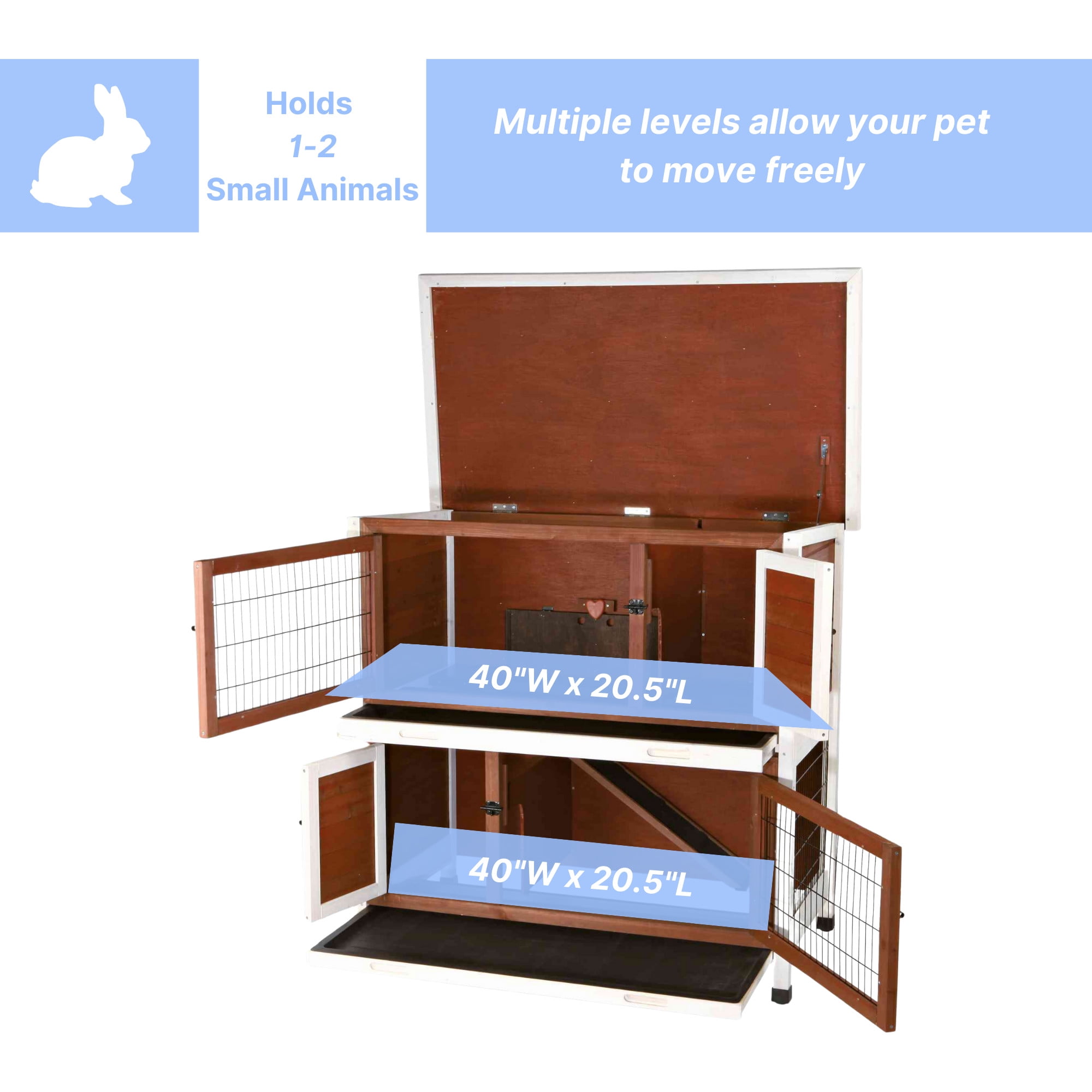 TRIXIE natura Double Weatherproof Outdoor 2-Story Wooden Small Animal Hutch with & Pull-Out Trays & Ramp, Auburn