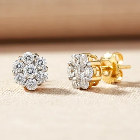 Tilo Jewelry 14K Yellow Gold .25 Carat Diamond Flower Cluster Stud Post Earrings with Secure Screw-backs | 5mm | Natural Diamond Cluster Earrings | Women, Men, Unisex