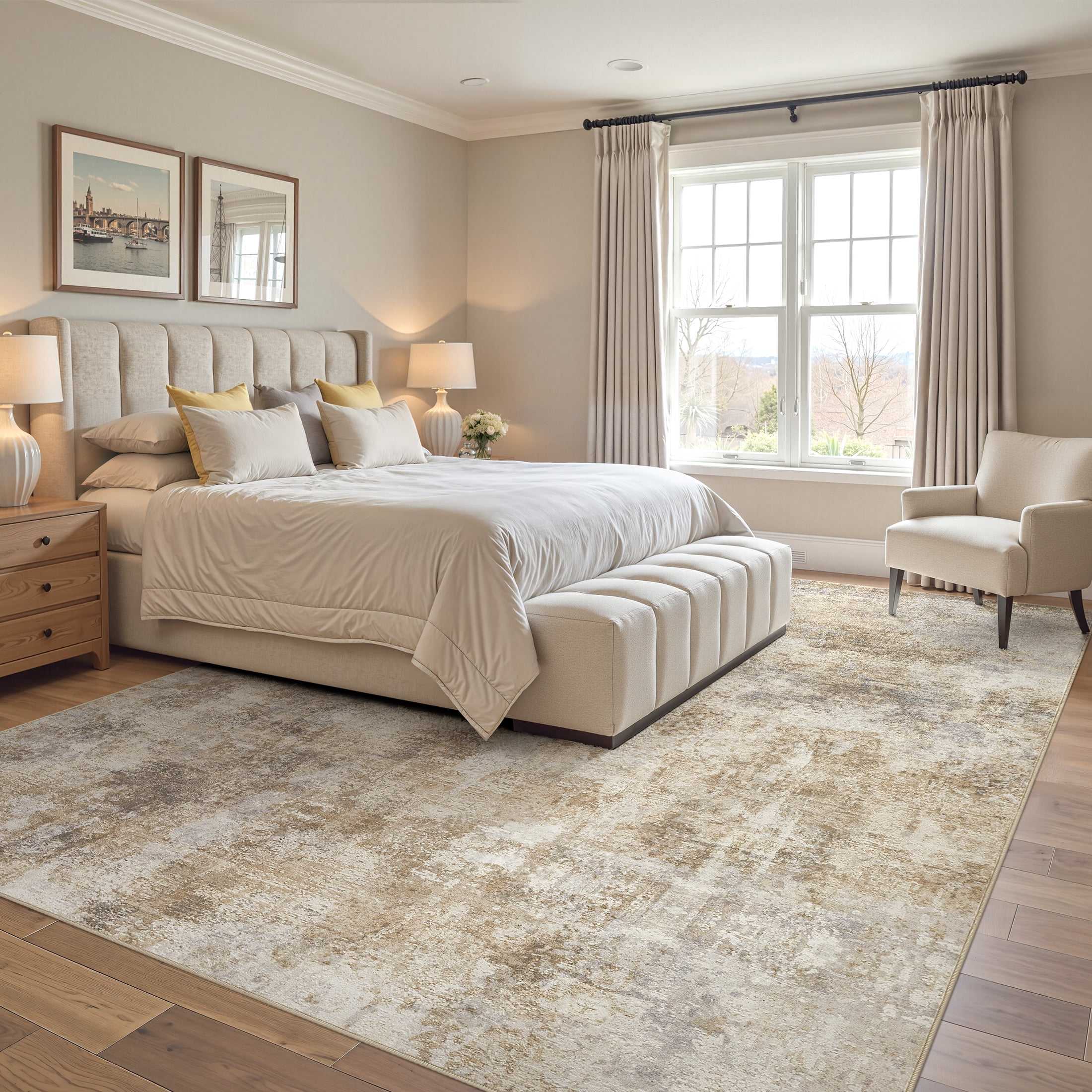 UERMEI 9x12 Washable Area Rugs for Living Room, Modern Abstract Printed Rug, Vacuum-Friendly, Non Slip Indoor Rug for Bedroom Dining Room Home Decor Carpet, Gold/Brown