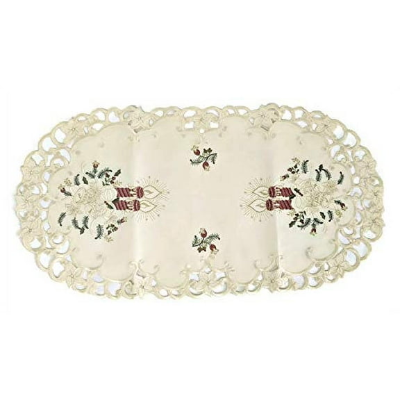 Doily Boutique Christmas Placemat or Doily with Burgundy Candles on Ivory Burlap Linen Fabric Size 13 x 27 inches