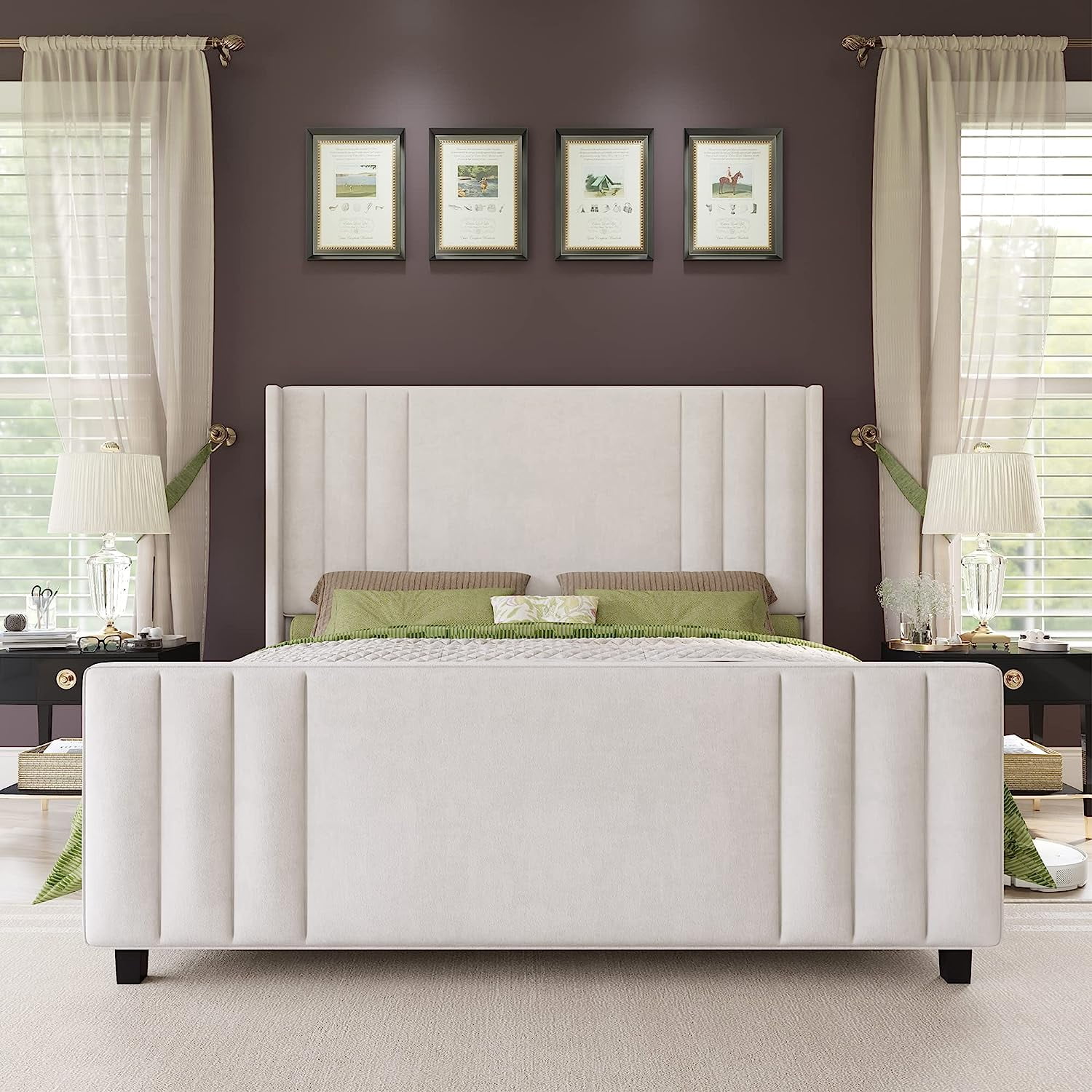 VanAcc Velvet Upholstered King Size Bed Frame with Headboard & Footboard/Wingback for Adult White