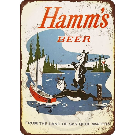 1956 Hamms Beer Bears Fishing Reproduction Metal Sign 8 x 12