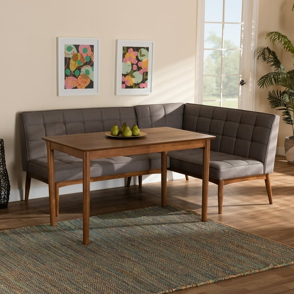 Baxton Studio Sanford Mid-Century Modern Grey Fabric Upholstered and Walnut Brown Finished Wood 3-Piece Dining Nook Set