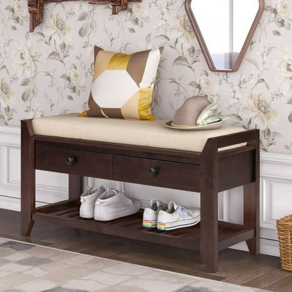 Espresso Shoe Rack Bench with Cushioned Seat & Drawers, Multipurpose Entryway Storage Organizer with Shoe Shelf, Modern Hallway Bench for Living Room