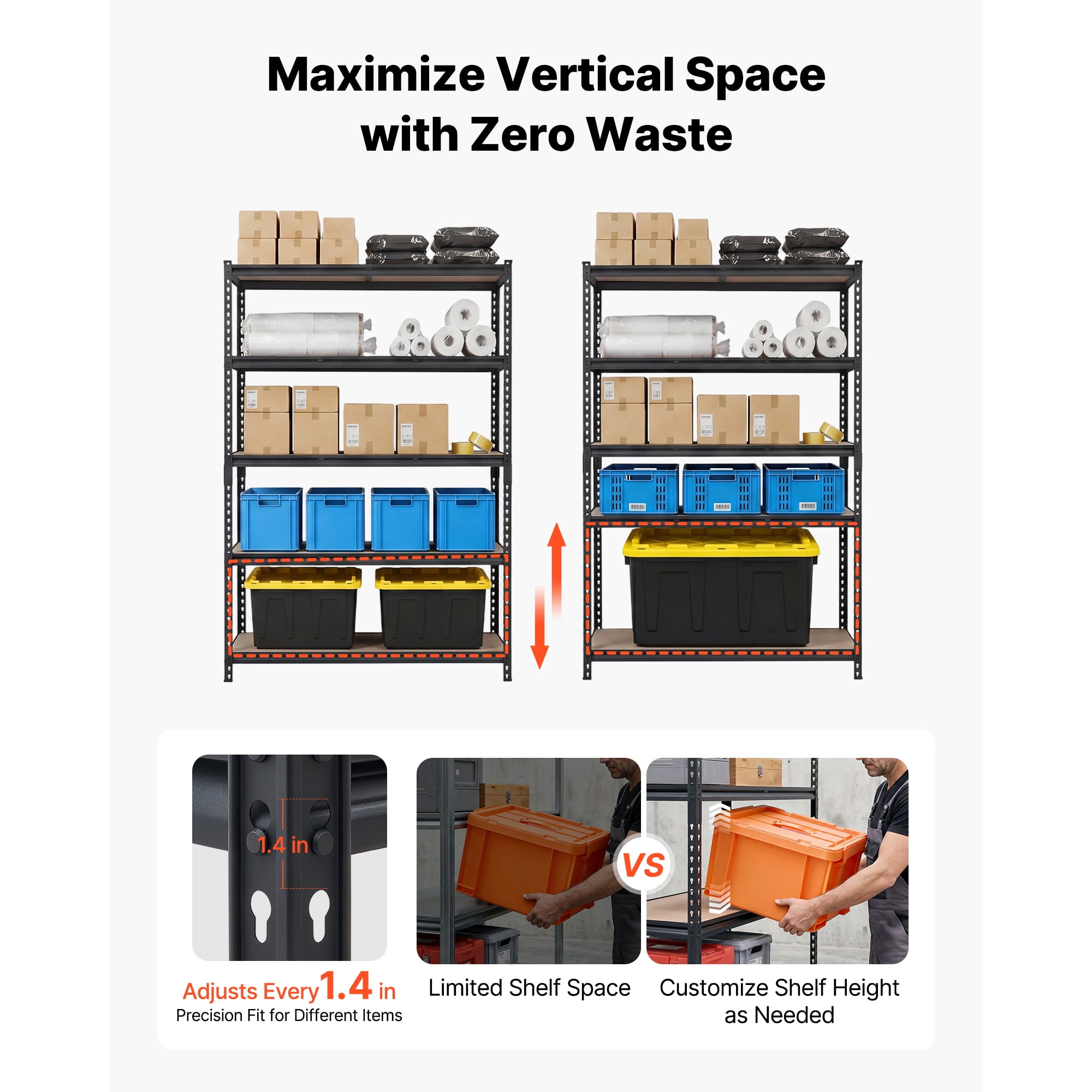 KFFKFF 5-Tier Adjustable Storage Shelves, 3000 lbs Capacity, Heavy-Duty Metal Utility Rack for Garage, Workshop, Warehouse, or Basement, 48.35" W x 24.37" D x 71.38" H