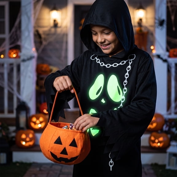 Ghost Cosplay, Ghost Costume, Ghost Outfit, Ghost Roleplay, Ghost Cos, Ghost Costume Set Glow In The Dark Hooded Robe With Pumpkin Candy Bag Halloween Outfit for Holiday Celebration, Black 110