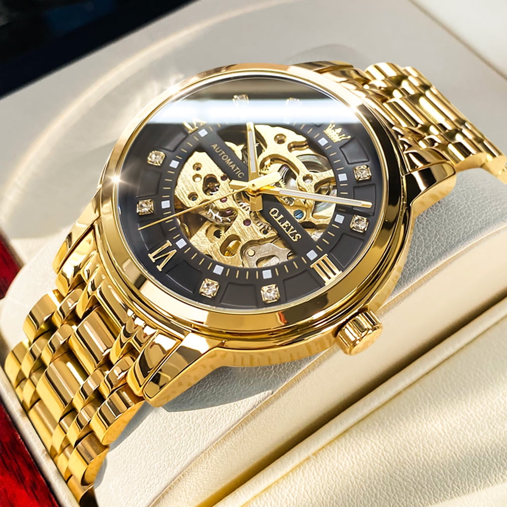 OLEVS Skeleton Watches for Mens Automatic Mechanical self Winding Diamond Luxury Business Dress Stainless Steel Waterproof Luminous Mens Wrist Watches Reloj Para Hombre Blue/White/Black/Gold Dial