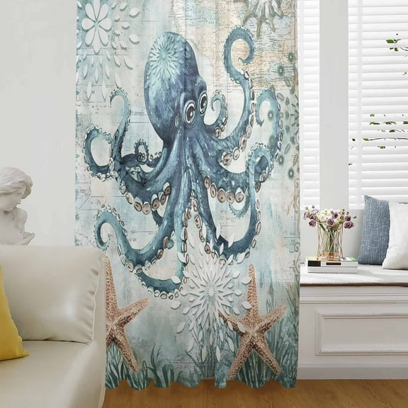 Coastal Octopus Semi Sheer Curtains Drapes for Living Room, Bedroom, French Doors Window 84 Inches Long, Vintage Teal Nautical Beach Starfish Rod Pocket Chiffon Curtain Drapery Voile Draperies Panel