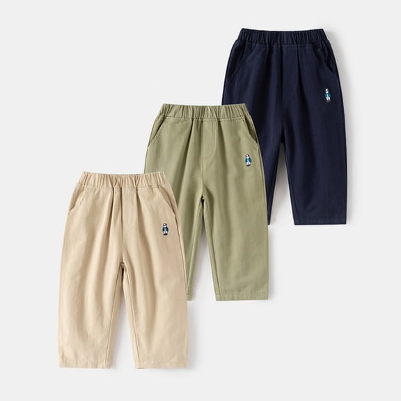 Baby Boy Pants Solid Print Pocketed Elastic Waist Straight Leg Trousers for Everyday Wear Army Green 18 Months-24 Months