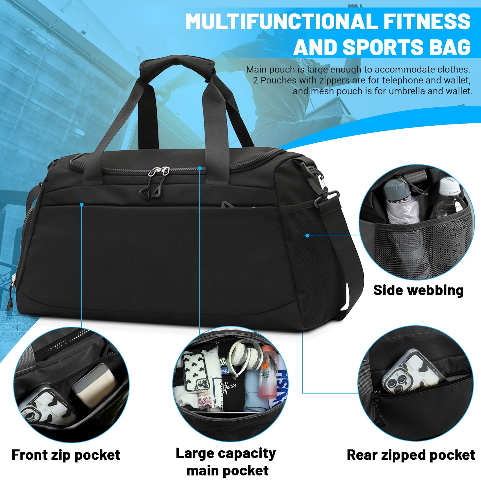 Sports Gym Bag with Wet Pocket & Shoe Compartment, Waterproof Travel Duffel Bags for Women Men, Weekender Carry on Overnight Tote Workout Bag for Yoga Swimming Hospital (Black)