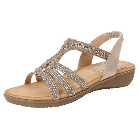 

Womens Sandals Women Shoes Boho Style Flip Flops Beaded Rhinestone Buckle Stretch Heel Elastic Strap Sandals Orthopedic Sandals for Women Summer Sandals for Women 2024(Color:Gold Size:US 7)