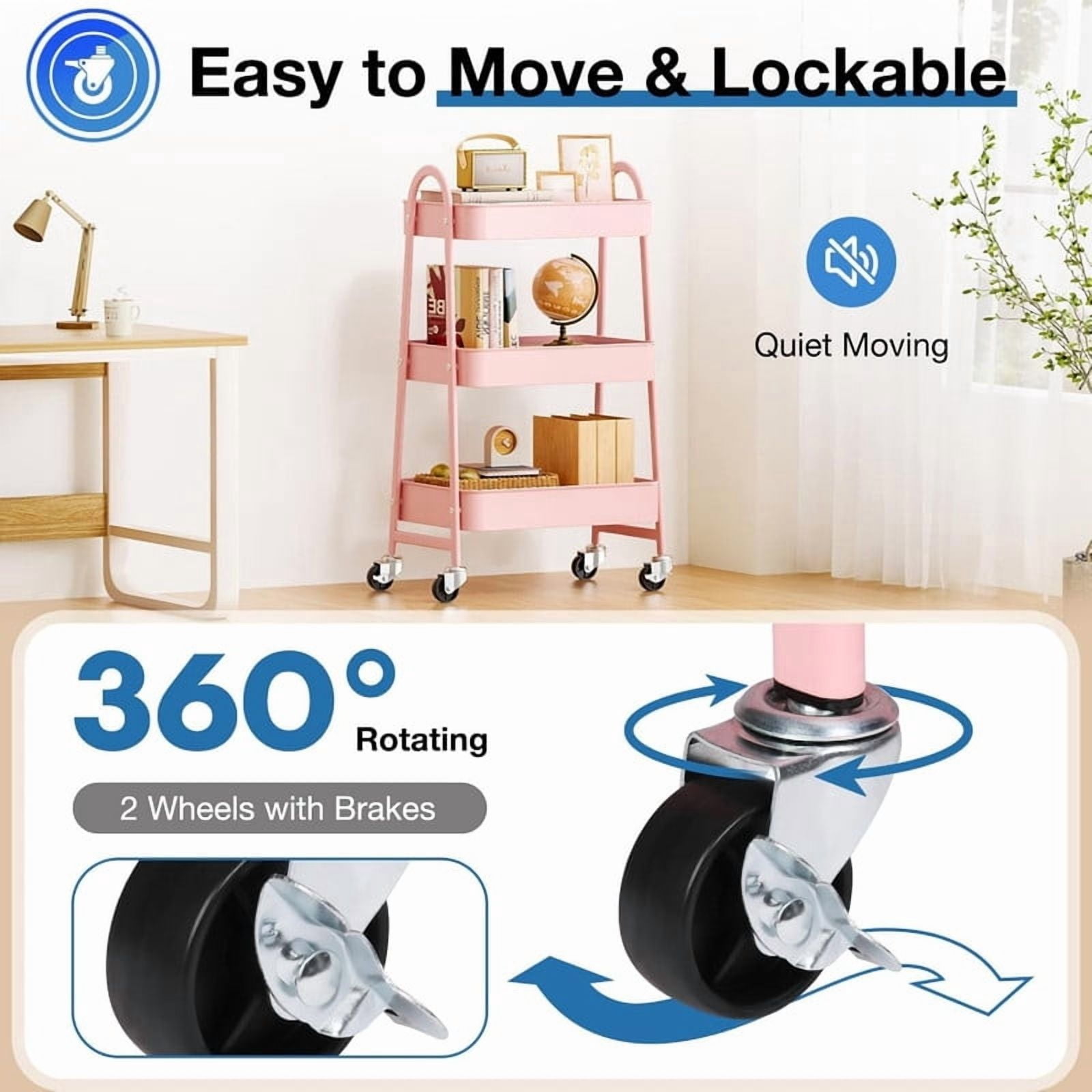 Kelno 3 Tier Rolling Cart Metal Utility Storage Cart Mobile Storage Organizer with Lockable Wheels,Pink