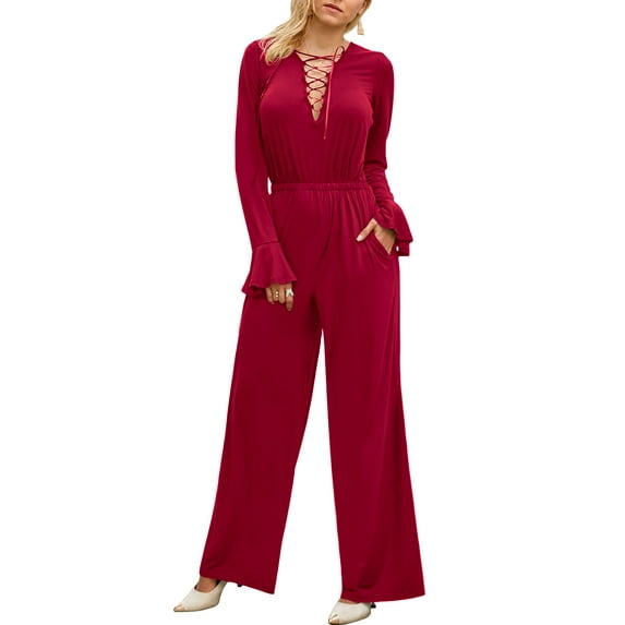 Doublju Womens Sexy Deep V Neck Long Sleeve Wrap Drawstring Waist Corset Lace Up Jumpsuit