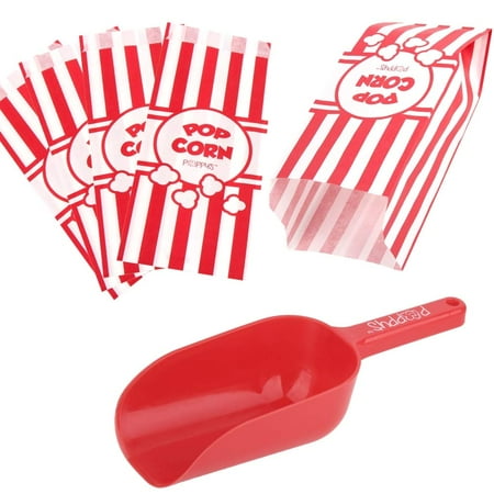 

Poppy s Popcorn Scoop and Popcorn Bags Bundle Nostalgic Popcorn Accessories for Popcorn Machine and Popcorn Bar Popcorn Scooper and Bags for Carnival|Movie Night|Circus Party Supplies (50)