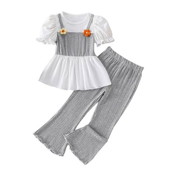 Taqqpue Girl's Summer Outfit Clothes 2 Piece Kids Ruffle Short Sleeve T-Shirt Top and Flare Pants Set (3-10 Year)