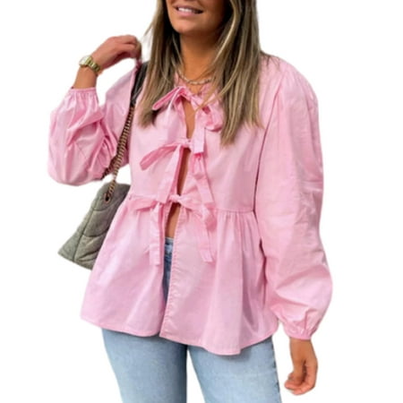 Women Y2K Peplum Tops Puff Short Sleeve Lace Up Tie Open Front Ruffle Hem Blouse Shirt Summer Going Out Cute Babydoll Tops