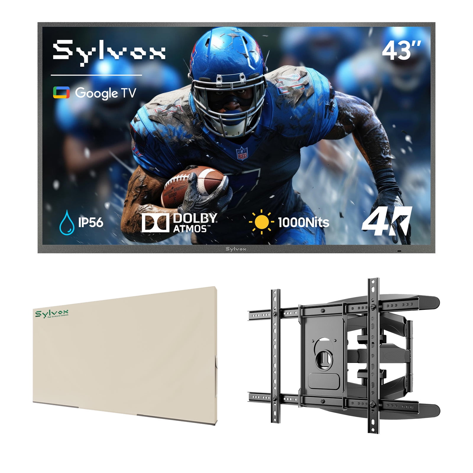 SYLVOX 43" Outdoor TV with Mount and Cover, IP55 Weatherproof TV Partial Sun 1000nit Brightness, 4K UHD, Google OS, Dolby Atmos, Voice Remote (Deck Pro 3.0)