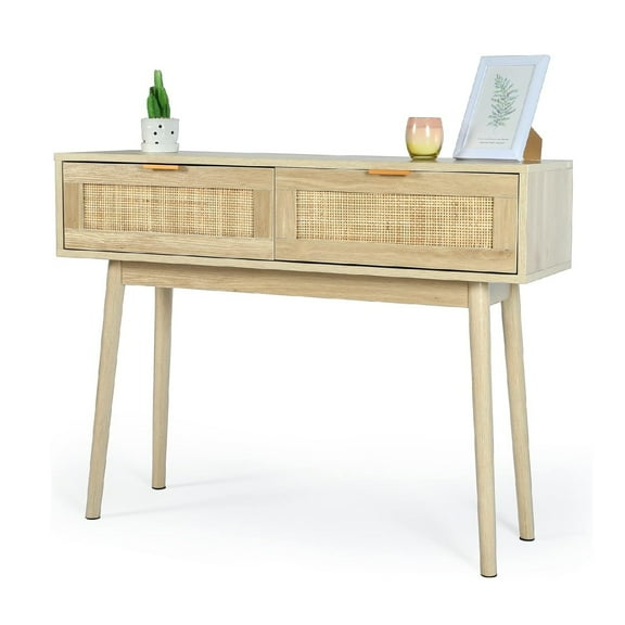 Coewske 39'' Rattan Console Table with 2 Drawers Narrow Sofa Entryway Table Natural