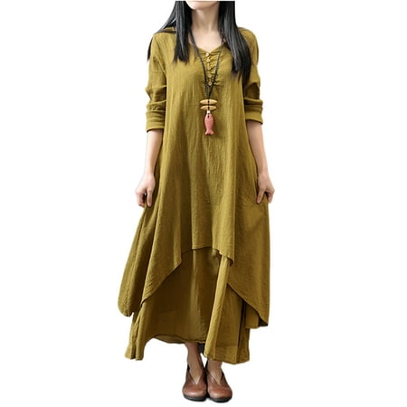 

Huakaishijie Cotton Linen Long Dress for Women Long Sleeve Ruffles Hem One-piece