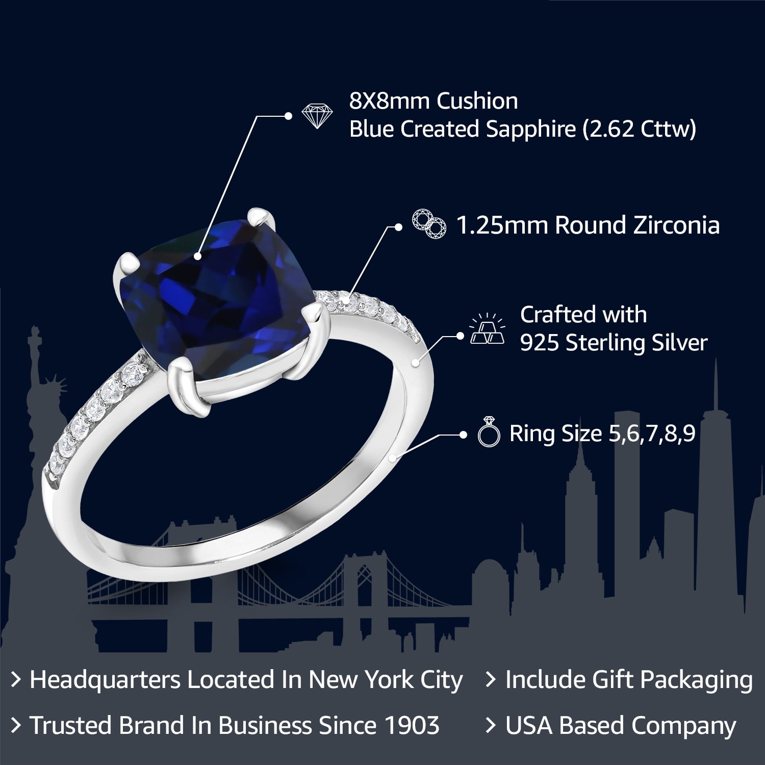Gem Stone King 925 Sterling Silver Blue Created Sapphire Engagement Ring for Women (2.62 Cttw, Cushion Cut 8MM, Available in Size 5, 6, 7, 8, 9)