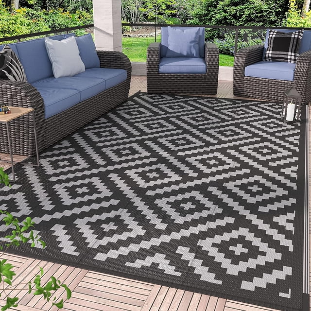 Outdoor Rug x Reversible Mats Outdoor Area Rug Plastic Straw Rug Geometric Rv Mat for Patio Camping Rv Picnic Backyard Deck Balcony Porch Beach Trailer ( & Grey)