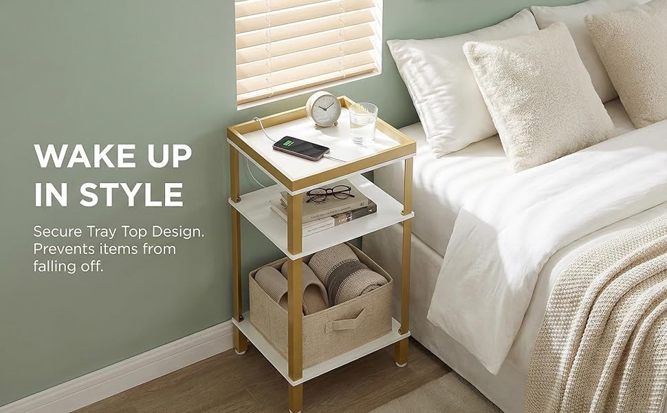 ZEXVIDA Side Table for Small Spaces, 3 Tier End Table with Metal Tabletop Tray Storage Shelf, Small Narrow Thin End Table Bedside Table,Nightstand for Hallway,Living Room,Bedroom (White & Gold)
