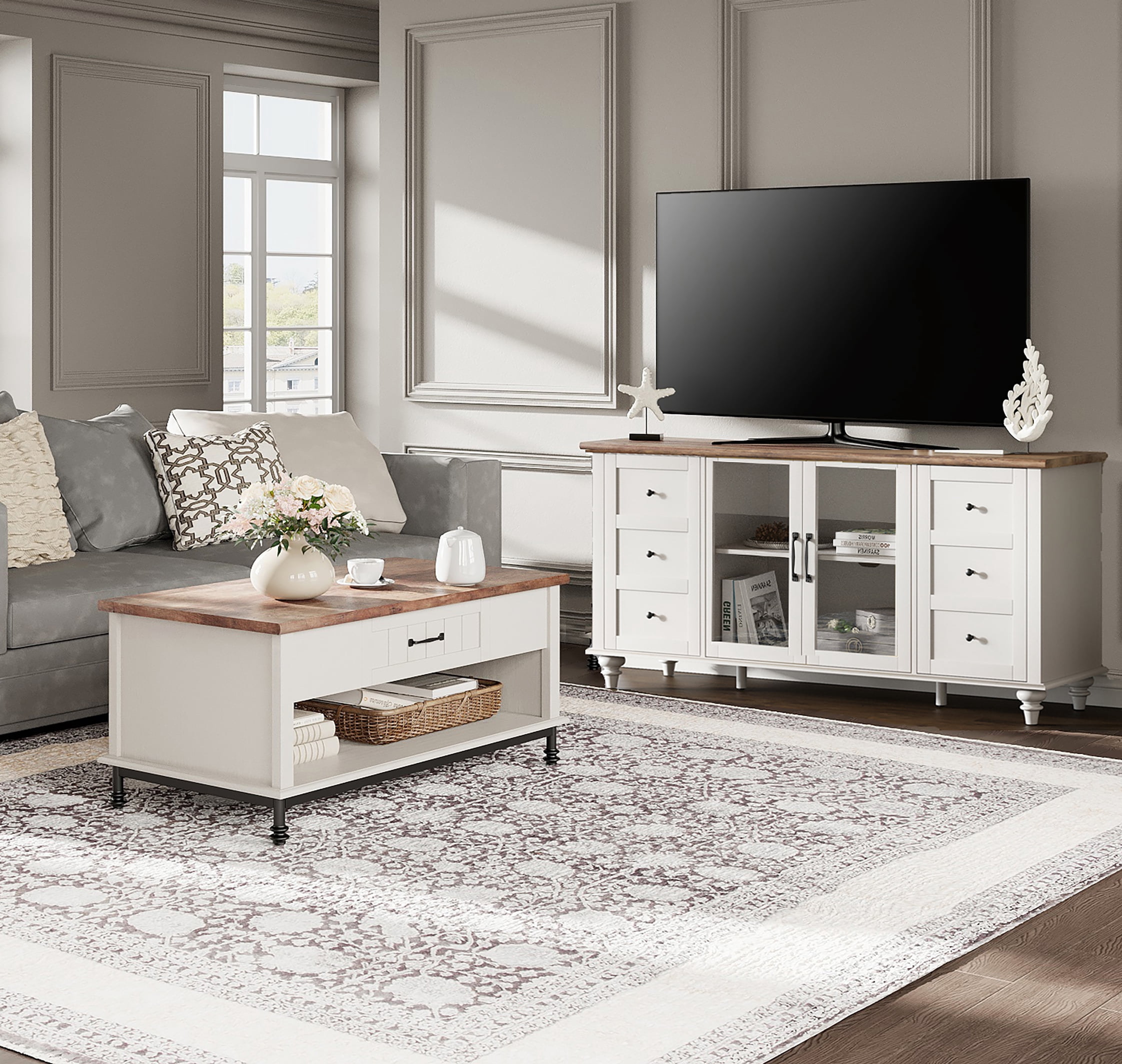 Farmhouse White Glass&Wood Television Stand for 75 inch TV,Entertainment Center with 4 Storage Cabinets for Living Room