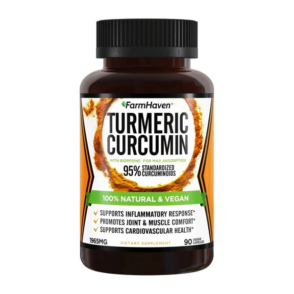 Turmeric Curcumin with BioPerine Black Pepper & 95% Curcuminoids, 1965mg, Maximum Absorption for Joint Support, Non-GMO Turmeric Capsules, Made in USA - 90 Veg Caps
