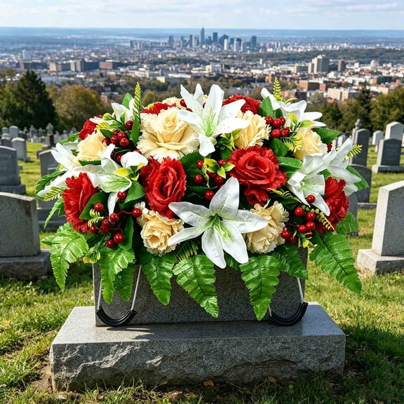 Cadancy Artificial Flowers Cemetery Memorial Grave Decoration Realistic Silk Floral Arrangement for Outdoor Tombstone Sympathy Tribute Fake Plants UV Resistant Weatherproof Decor