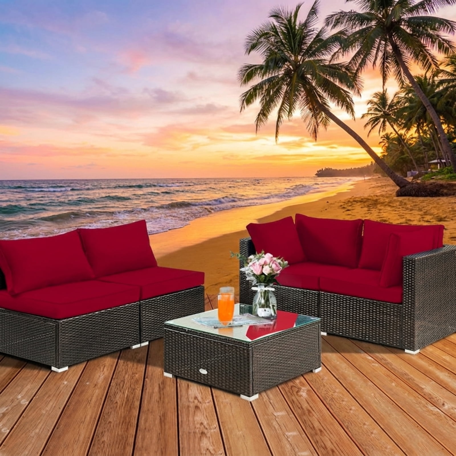 Furnibear 5 Piece Cushioned Patio Rattan Furniture Set with Glass Table, Outdoor Wicker Conversation Set with 4 Chairs for Garden Backyard, Red