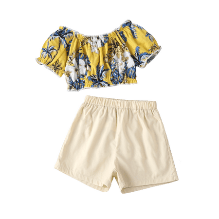 

Mikrdoo Baby Girls Outfits Big Flower Tops Shorts 2Pcs Summer Clothes Set Yellow 4-5 Years