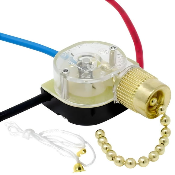 ZE-110 3 Wire Pull Chain Light Switch Three Way Replacement Pull Cord String Light Controller 6A125VAC 3A250VAC for Ceiling Fans Light Fixtures & Lamps - Brass Finish