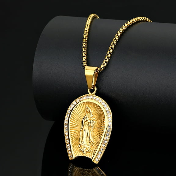 Hip Hop Bling Iced Out 14K Yellow Gold Virgin Mary Pendant Necklace for Men Rapper jewelry