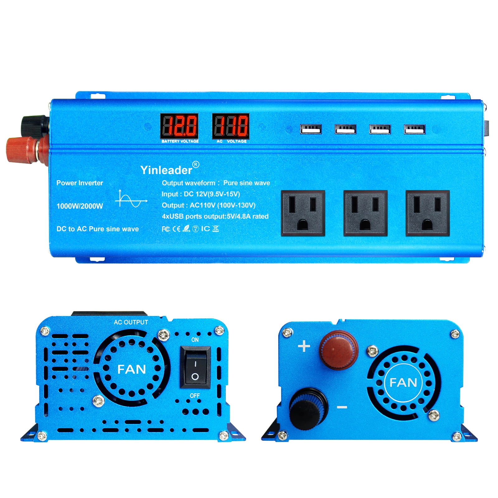 Yinleader 1000 Watt Pure Sine Wave Power Inverter 12V to 110V Car RV Converter 3Sockets 4USB LED Display