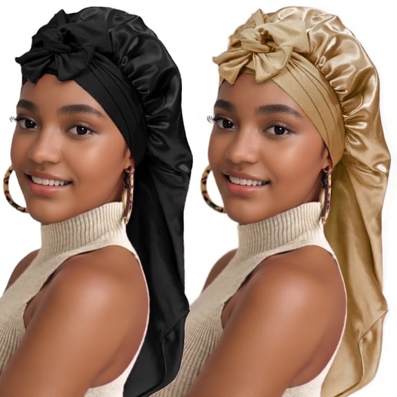 2-Pack Long Satin Bonnets for Braids, Elastic Hair Bonnets for Sleeping, Large Night Caps with Stretchy Tie Band for Women