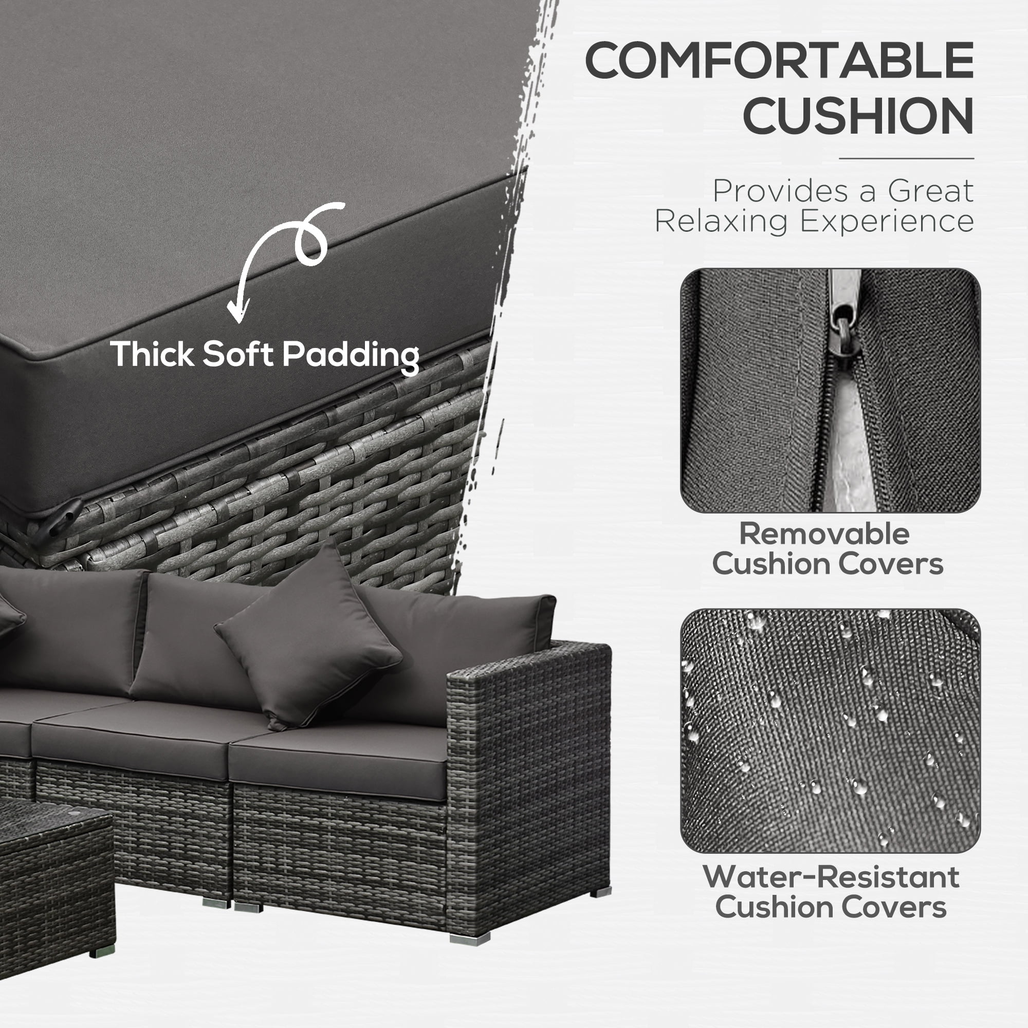 Outsunny 6 Pieces Patio Furniture Sets Outdoor Wicker Conversation PE Rattan Sectional sofa set with Ottoman, Tempered Glass Desktop, Charcoal