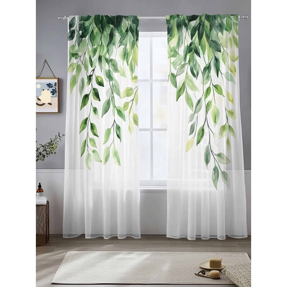 Eucalyptus Leaf Sheer Curtains for Living Room Bedroom Spring Green Botanical Leaves Aesthetic Sheer Curtains 96 Inch Long 2 Panels Set Light Filtering Curtain Window Treatments Drapes